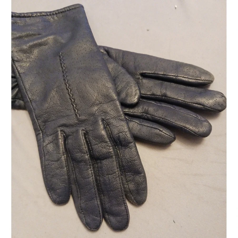 Fownes Vintage‎ Navy Blue Genuine Leather Women's Driving Gloves, Size 6.5